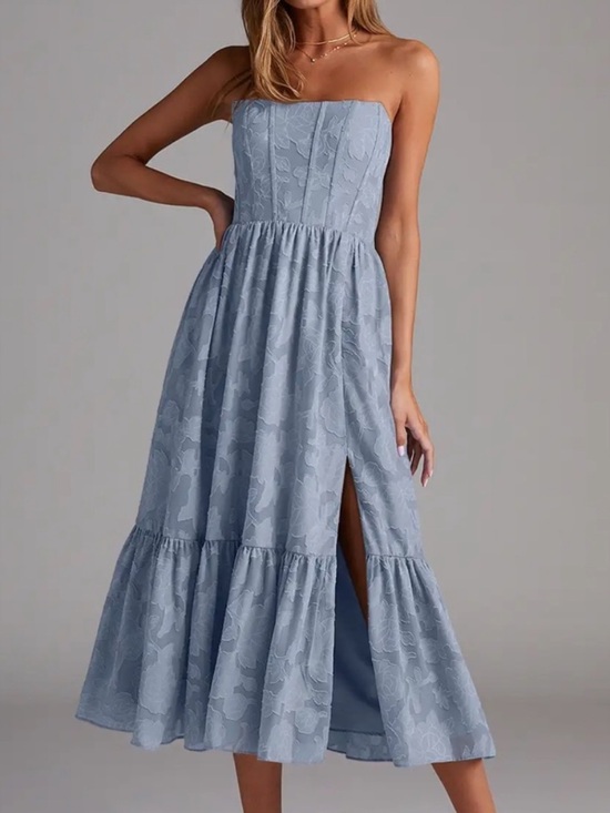 Azazie Dresses & Skirts - Azazie Delphina Dust Blue A-Line Strapless Floral Dress NWT